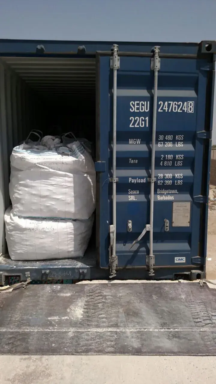 Blue shipping container with white jumbo bags loaded inside.