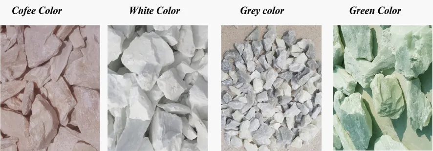 Four talc lump samples shown side by side: coffee, white, grey and green.